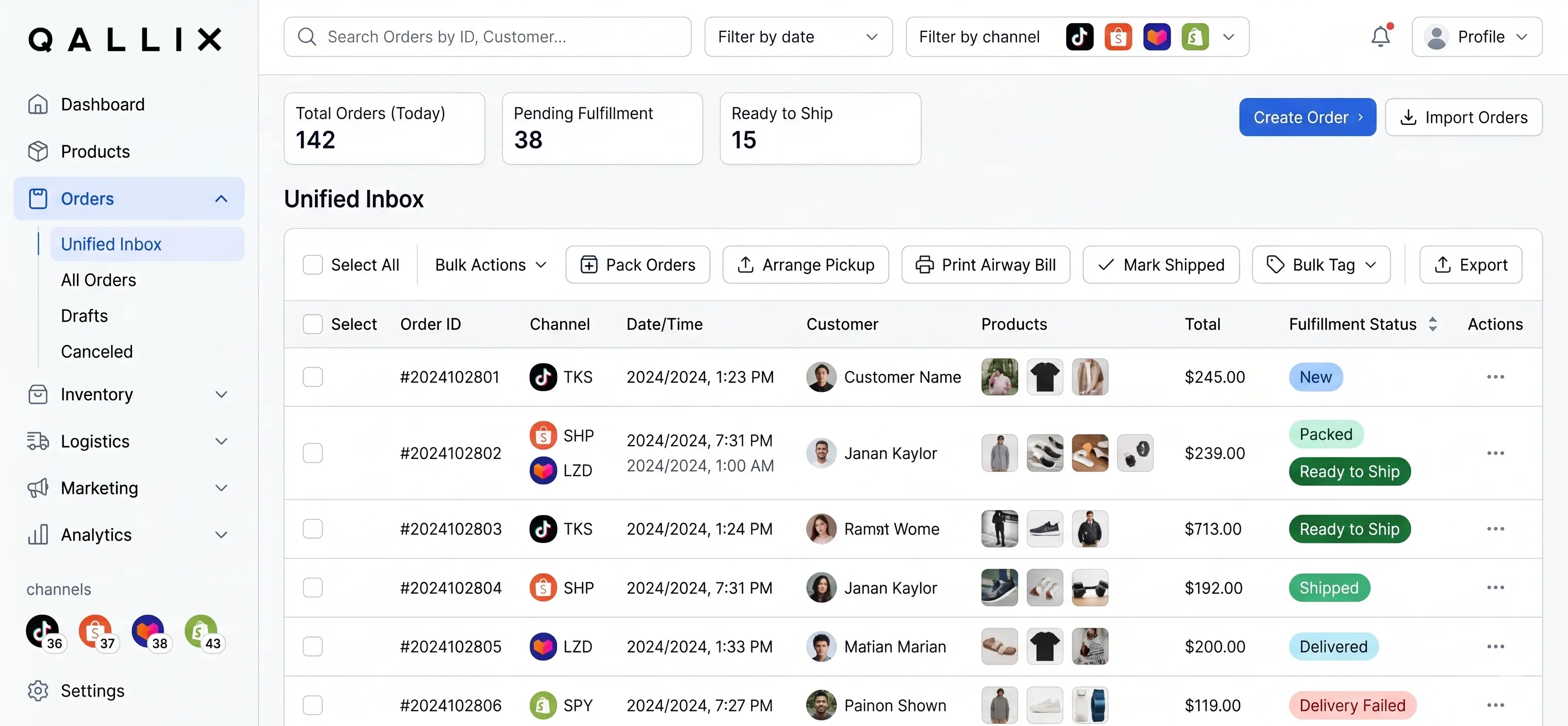 Centralised order management dashboard showing TikTok Shop, Shopee, Lazada and Shopify orders in one inbox
