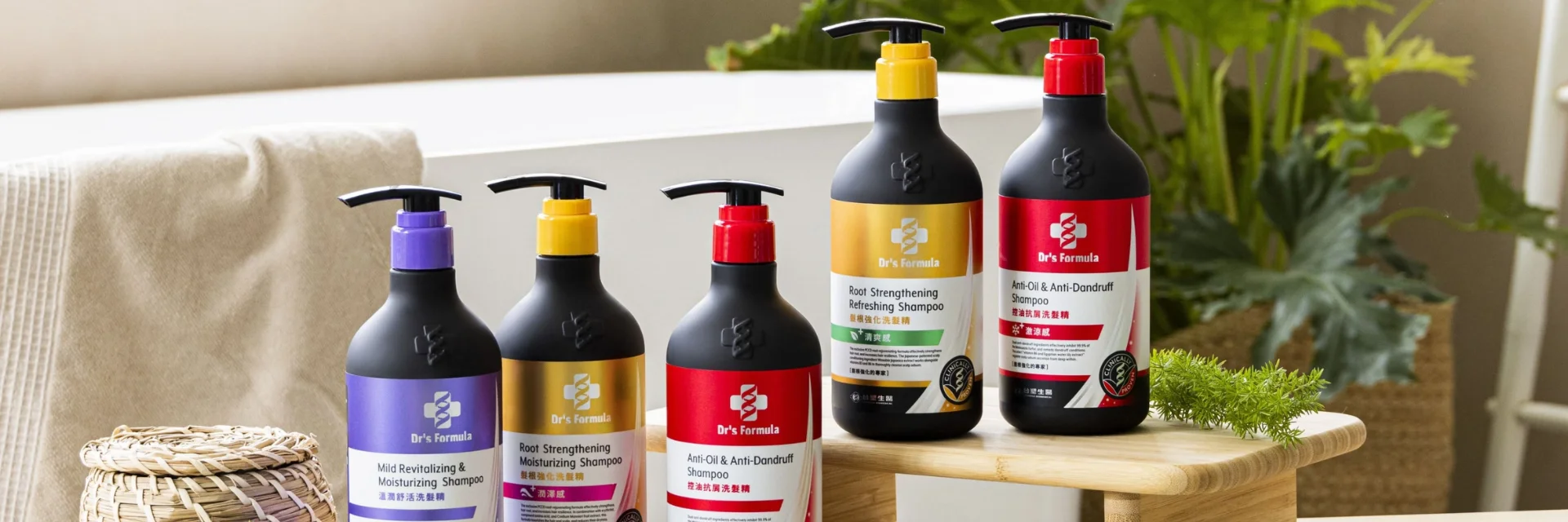Dr's Formula shampoo bottles on a bathroom shelf