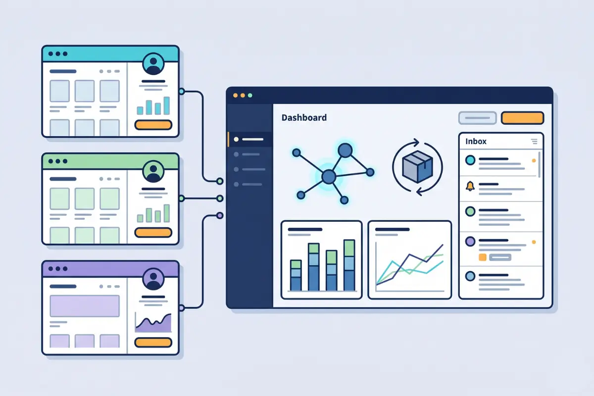 Unified dashboard illustration for managing multiple ecommerce brands