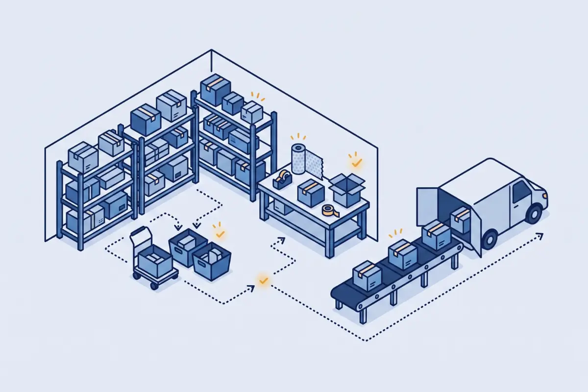 Fulfilment workflow illustration with warehouse and delivery operations